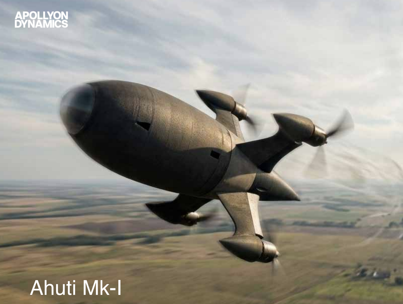 Visualisation of the Ahuti Mk-I in flight over open country, seen from the front left: a four-armed electric interceptor with a blended body