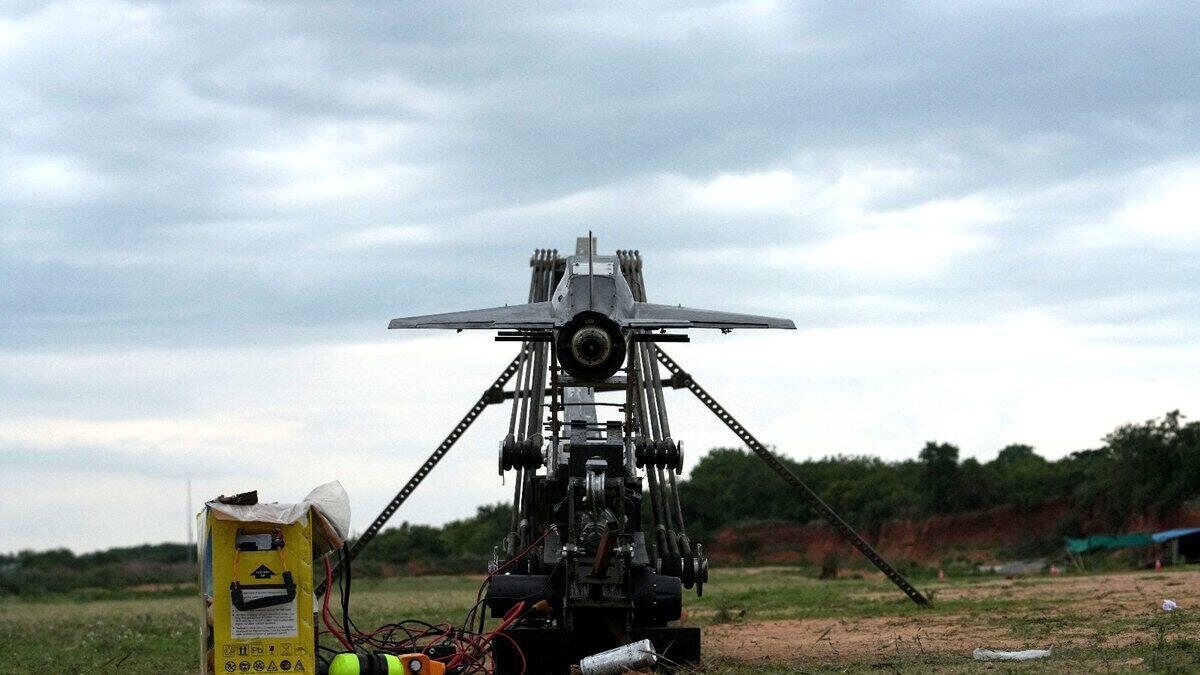 Nightshade turbojet airframe on a test launcher in the field